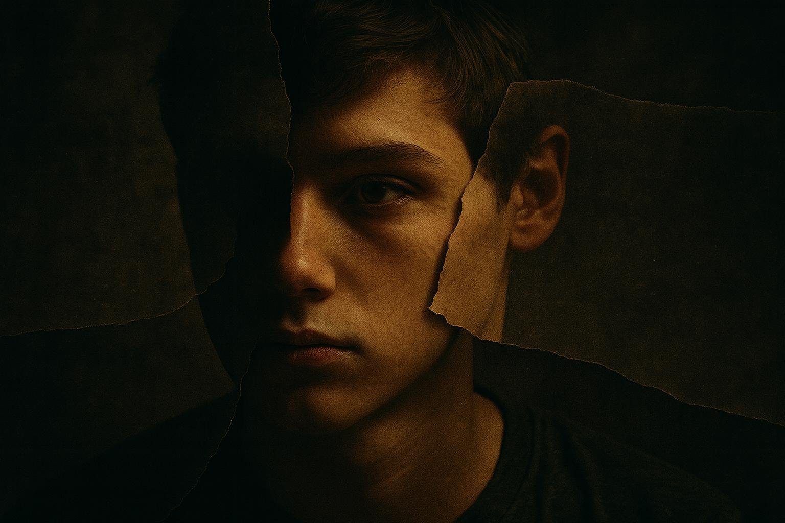 Rostro adolescente entre sombras, simboliza una identidad incompleta o no explorada.