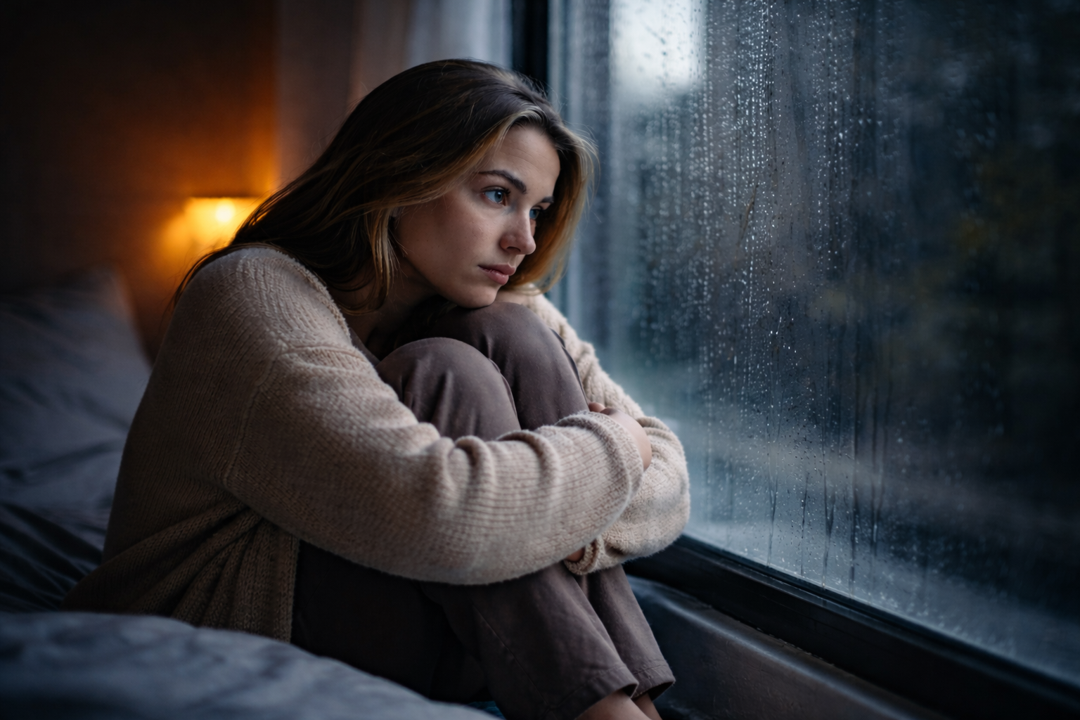 Mujer mirando por la ventana en silencio mientras vive ansiedad silenciosa