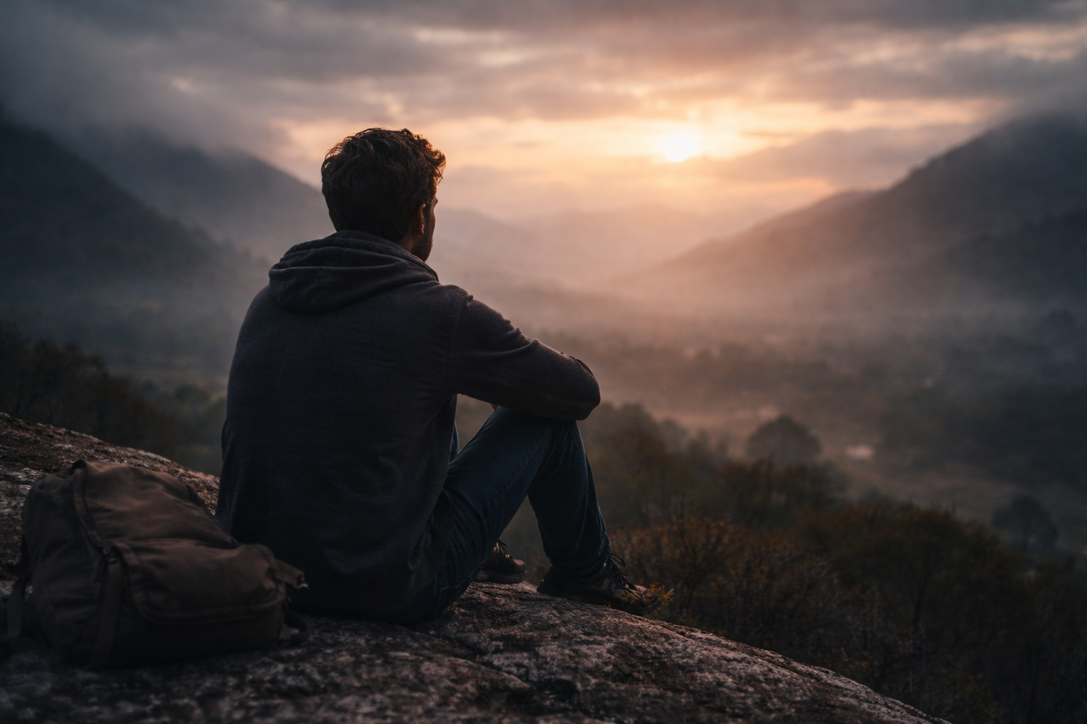 Hombre sentado en una montaña reflexionando durante una crisis existencial silenciosa al atardecer