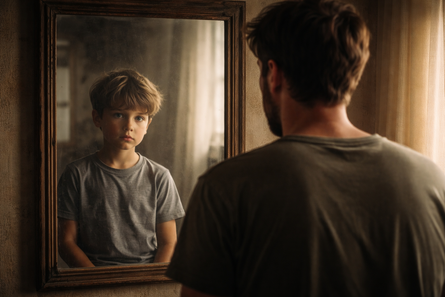 Hombre adulto mirando su reflejo infantil en el espejo, símbolo de heridas de infancia emocionales