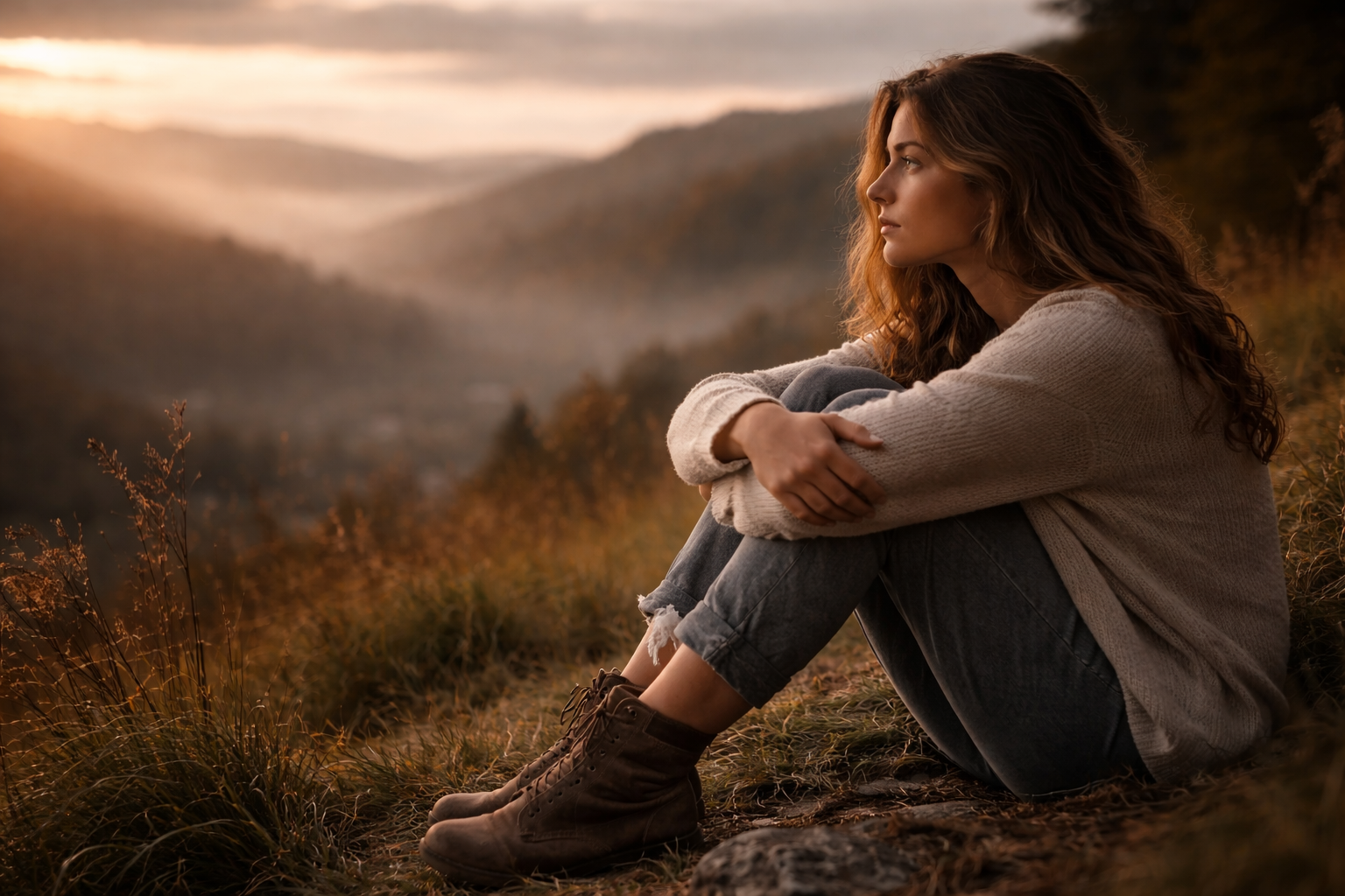 Mujer sentada en una montaña al atardecer, reflexionando sobre sentirse incompleto por dentro