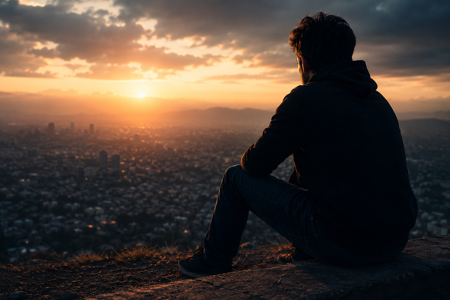 Hombre sentado frente a la ciudad al atardecer mientras mi mente no me dejaba en paz.