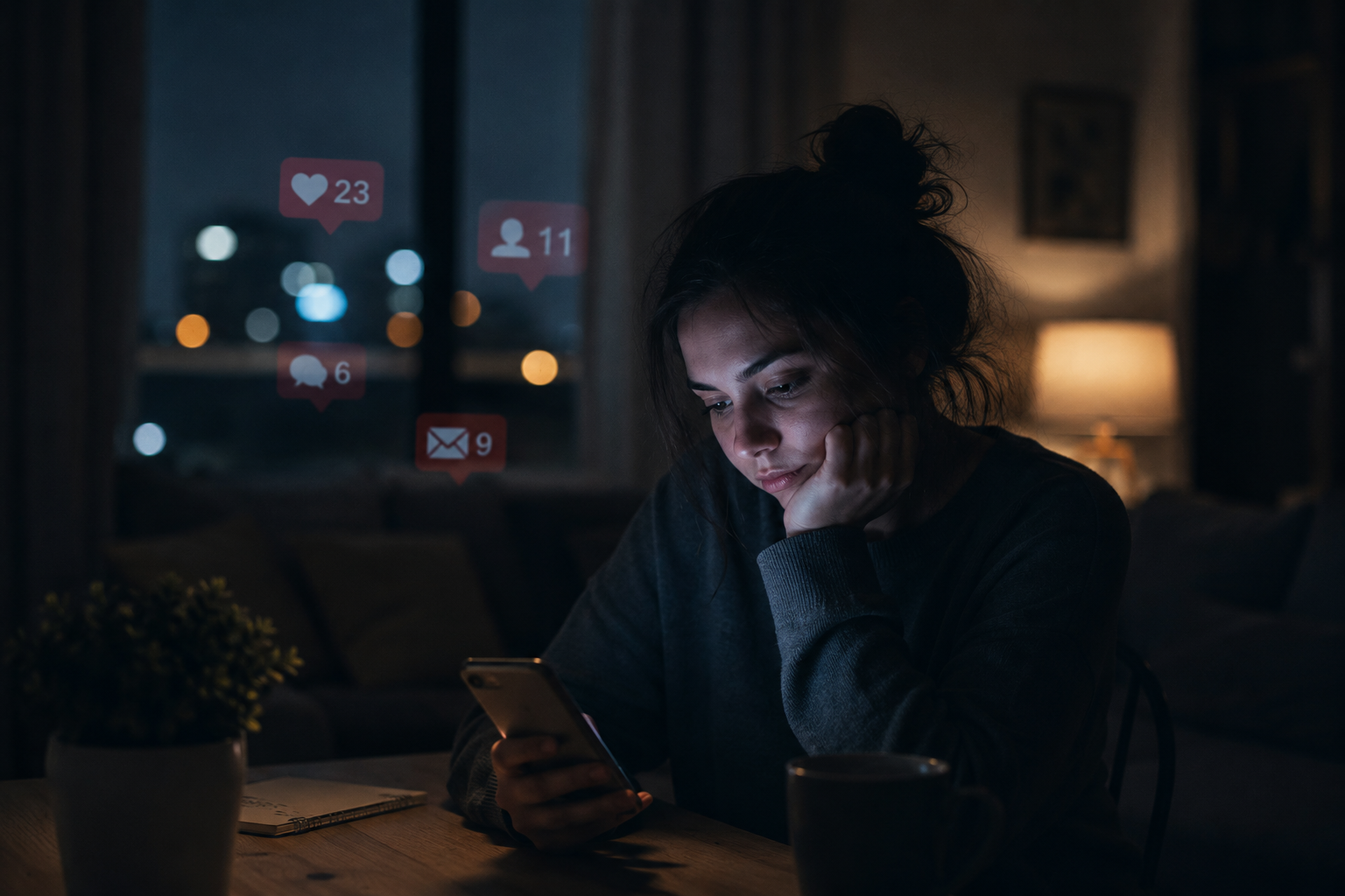 Persona sola mirando su celular en una escena nocturna que representa la soledad emocional en medio de la hiperconexión.